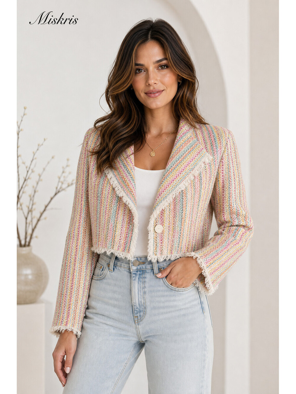 Something Navy Cropped Tweed Frayed Hem Blazer Rainbow Multi Size M NWT $250